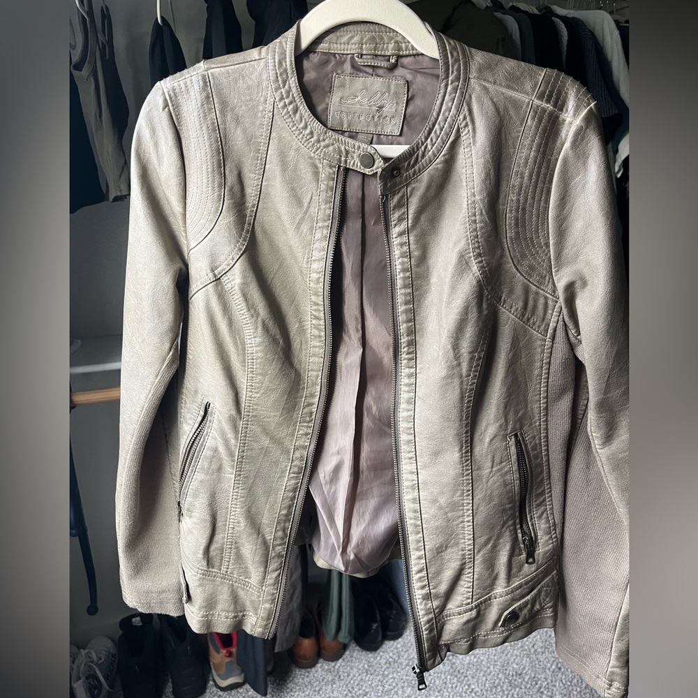 Sebby Collection Women's Faux Leather Moto Jacket - Taupe Grey Leather Jacket